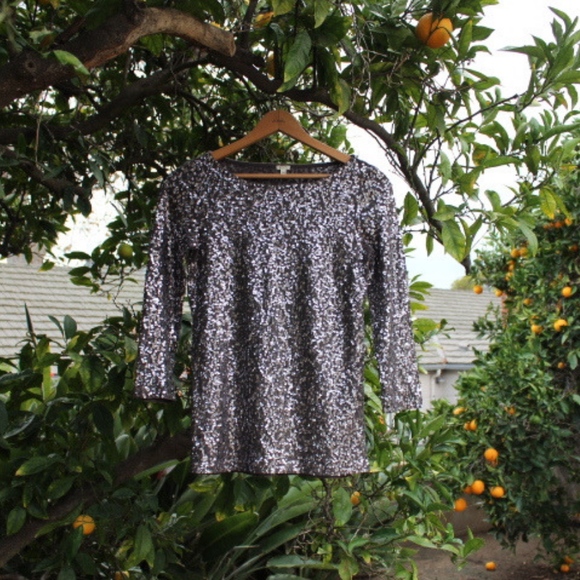 J CREW GRAY SEQUIN HALF SLEEVE TOP BOAT NECK TEE - Picture 2 of 7